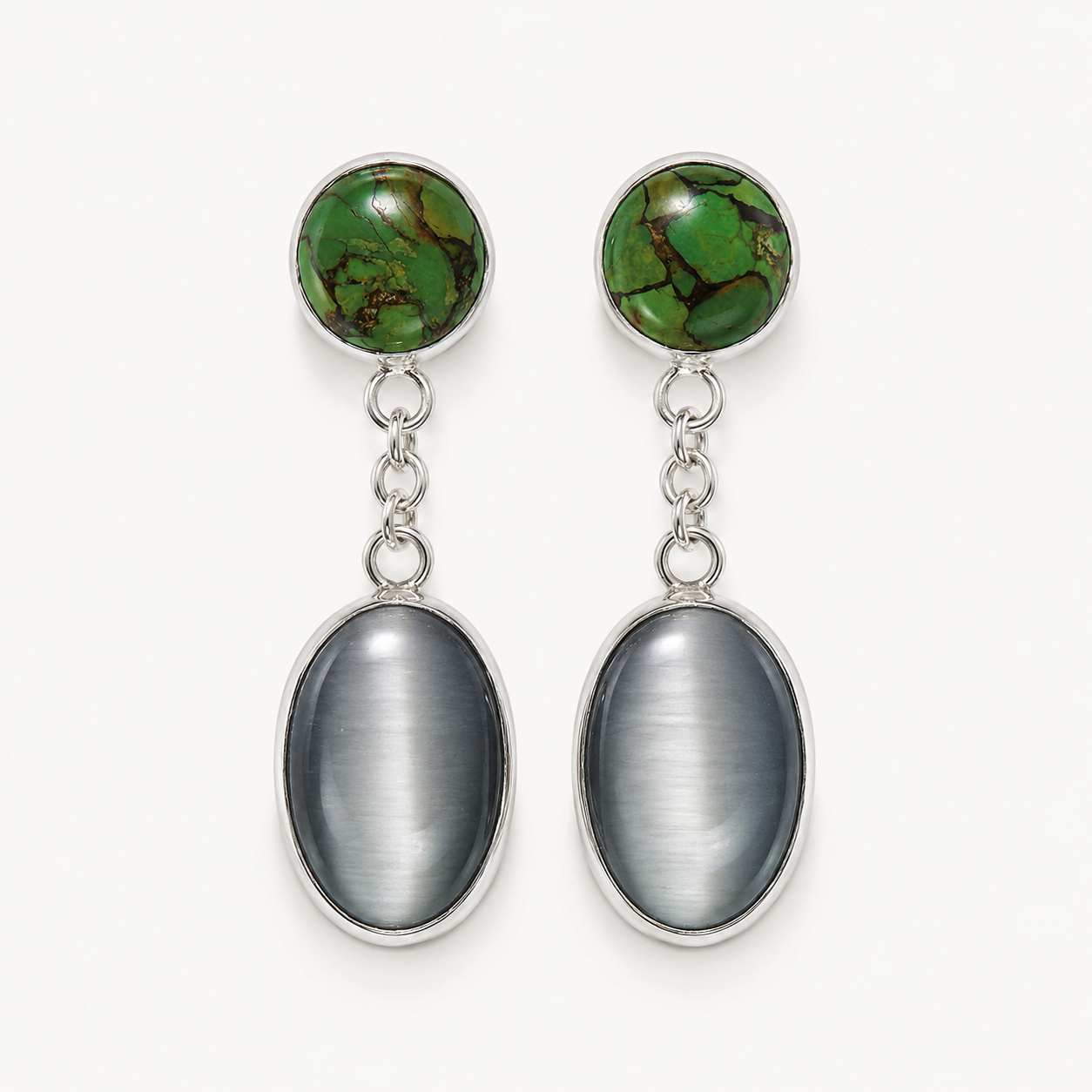 Aretes VIGILIA en Plata .950 con Turquesa Mojave y Ojo de Gato