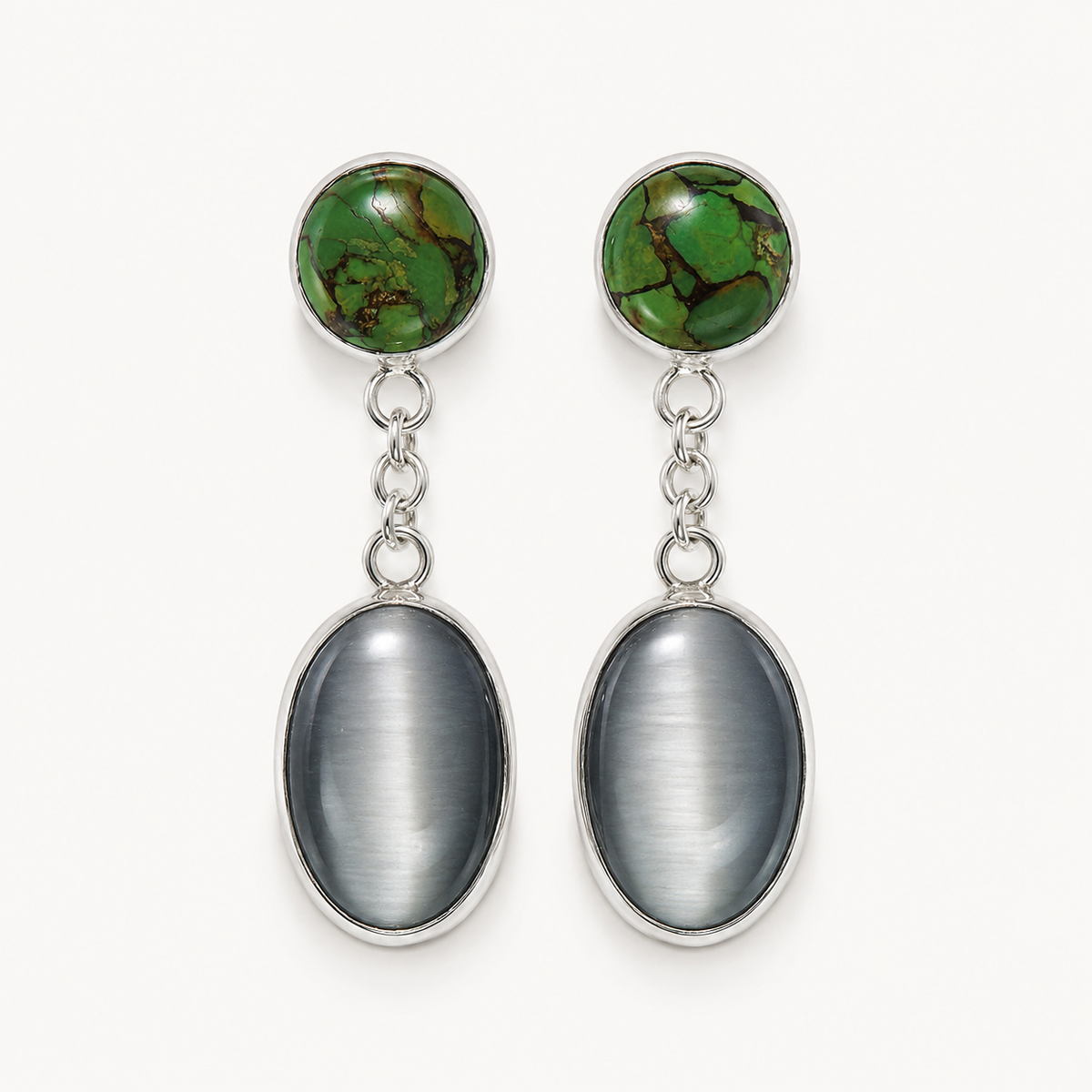 Aretes VIGILIA en Plata .950 con Turquesa Mojave y Ojo de Gato