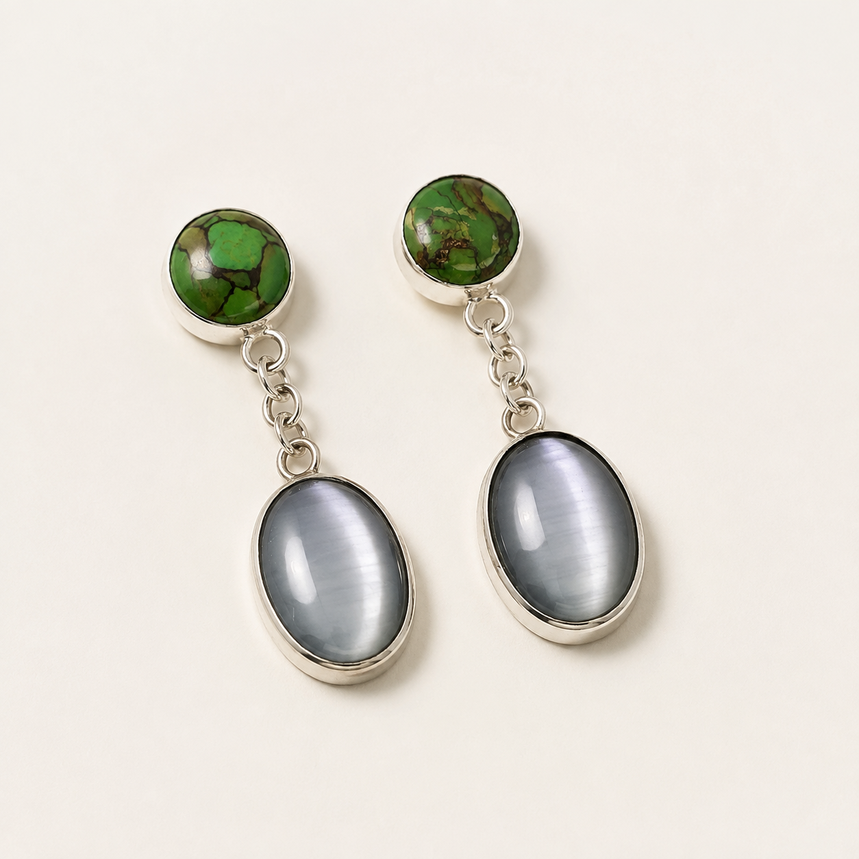 Aretes VIGILIA en Plata .950 con Turquesa Mojave y Ojo de Gato
