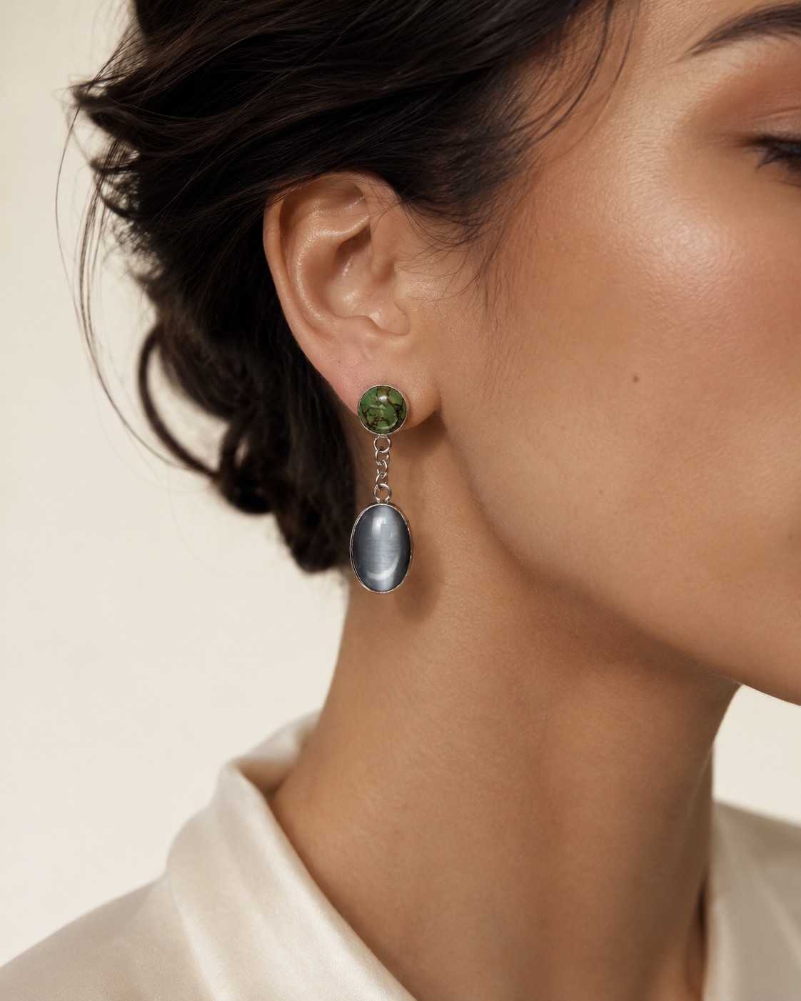 Aretes VIGILIA en Plata .950 con Turquesa Mojave y Ojo de Gato